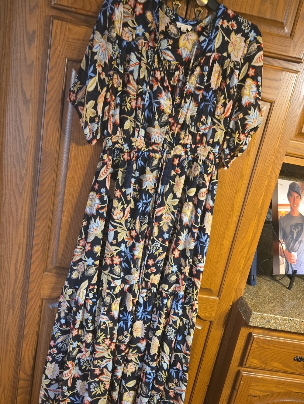 Navy Floral Maxi Dress with Blue, Yellow & Red Accents